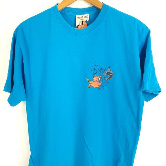 Pirana Joe Graphic T-Shirt Men's Large Blue Tag & Release Roatan - Picture 1 of 9